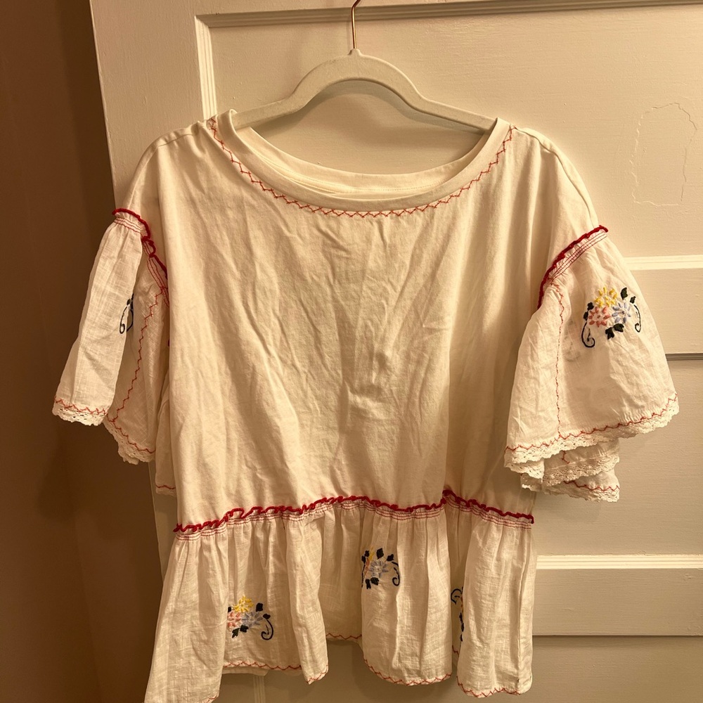 Anthropologie White Blouse with Red and Yellow Embroidery - Picture 3 of 5